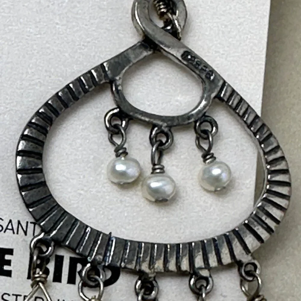 Signed Peyote Bird Boho Chandelier Earrings Oxidized Silver Pearl Drops NWT - Picture 3 of 12